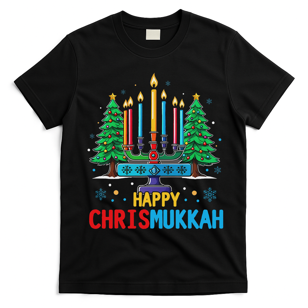 Merry Chrismukkah Happy Christmas Hanukkah T-Shirt - Black