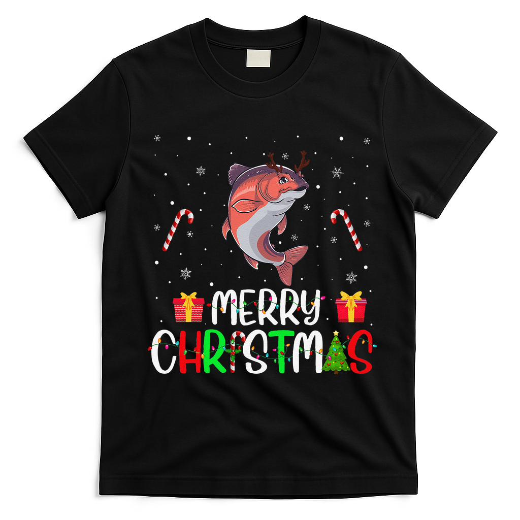 Merry Christmas Lights Salmon Reindeer Hat Xmas Pjs T-Shirt - Black