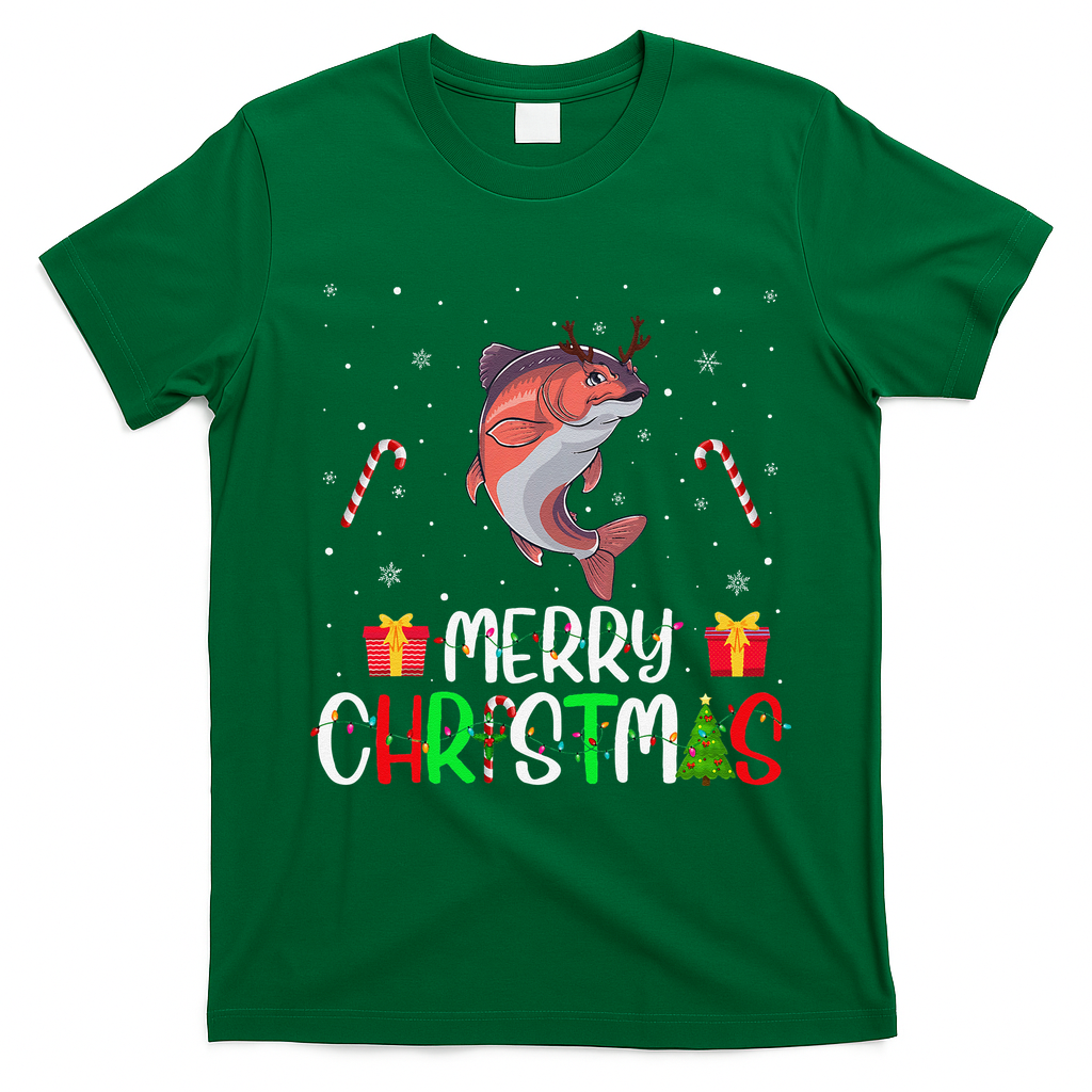 Merry Christmas Lights Salmon Reindeer Hat Xmas Pjs T-Shirt - Irish Green