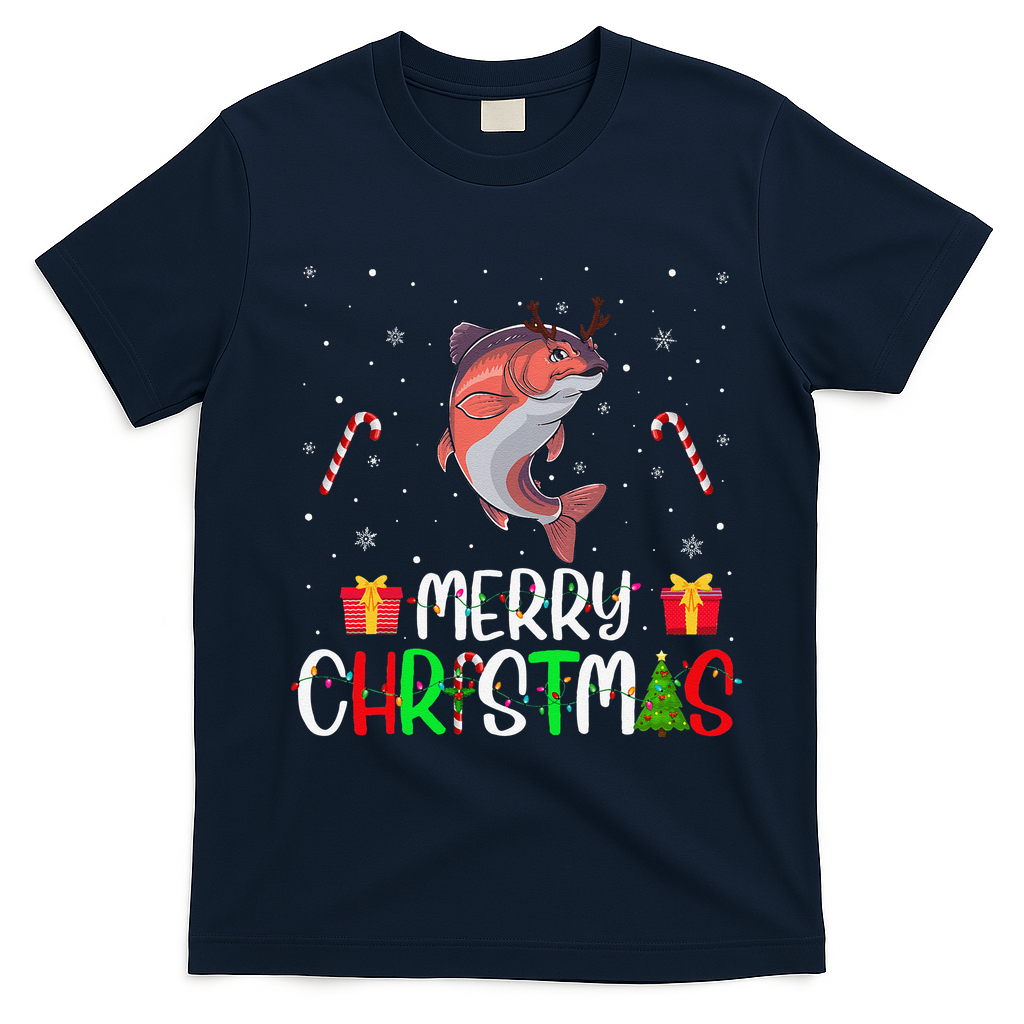 Merry Christmas Lights Salmon Reindeer Hat Xmas Pjs T-Shirt - Navy Blue