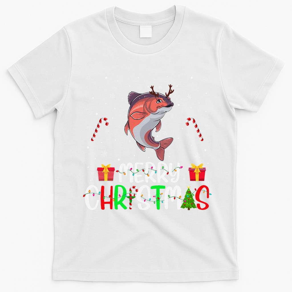 Merry Christmas Lights Salmon Reindeer Hat Xmas Pjs T-Shirt - White