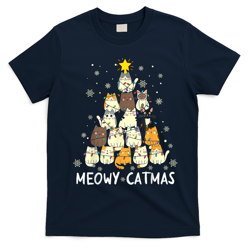 Meowy Catmas T-Shirt - Navy Blue