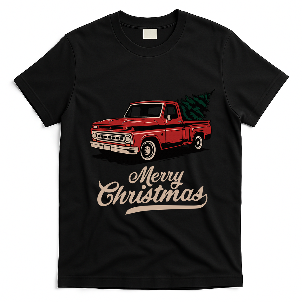 Merry Christmas Red Truck Vintage Retro Holiday T-Shirt - Black