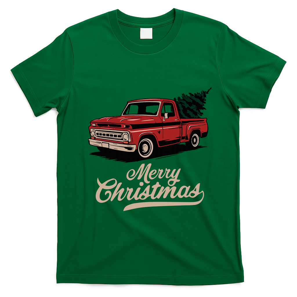 Merry Christmas Red Truck Vintage Retro Holiday T-Shirt - Irish Green