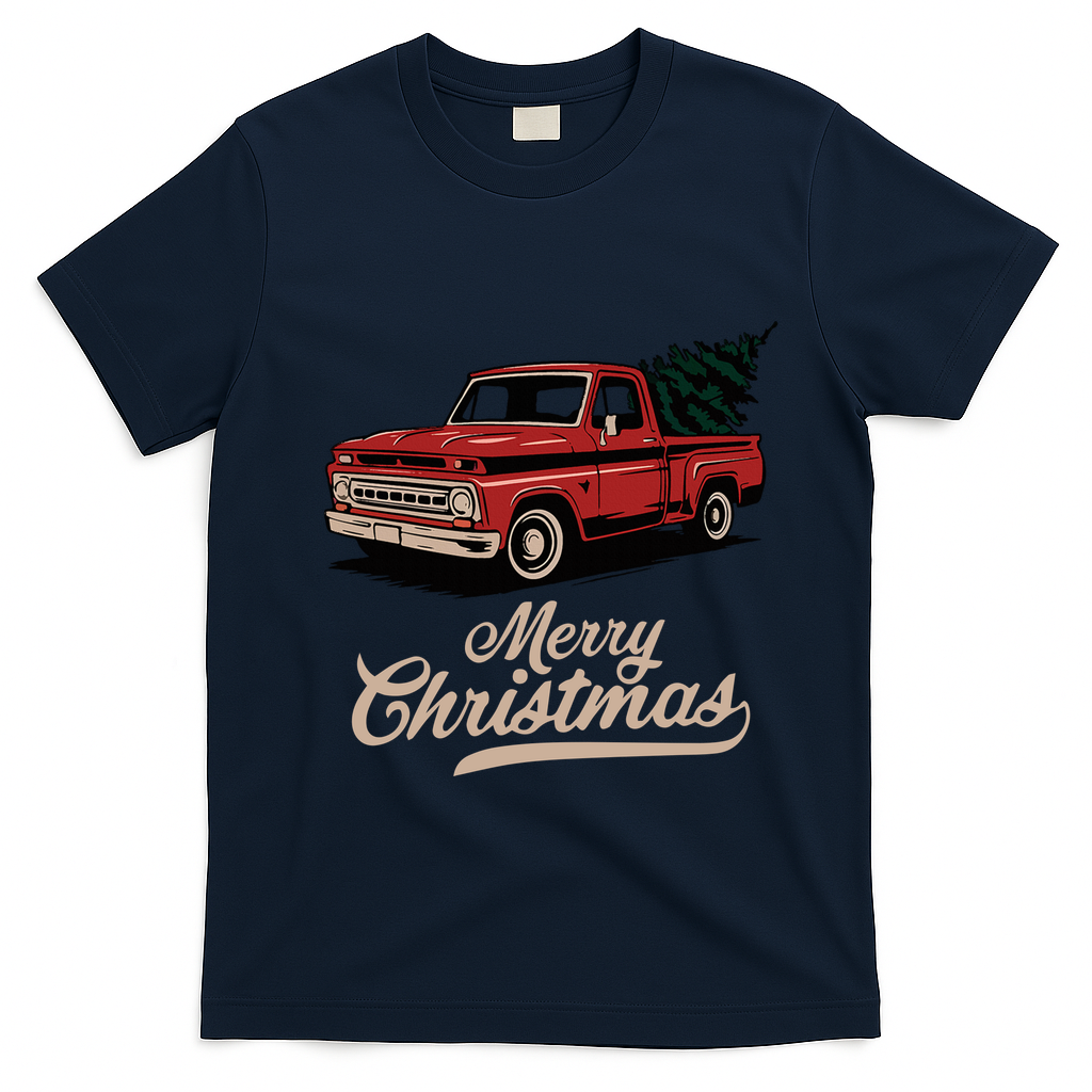 Merry Christmas Red Truck Vintage Retro Holiday T-Shirt - Navy Blue