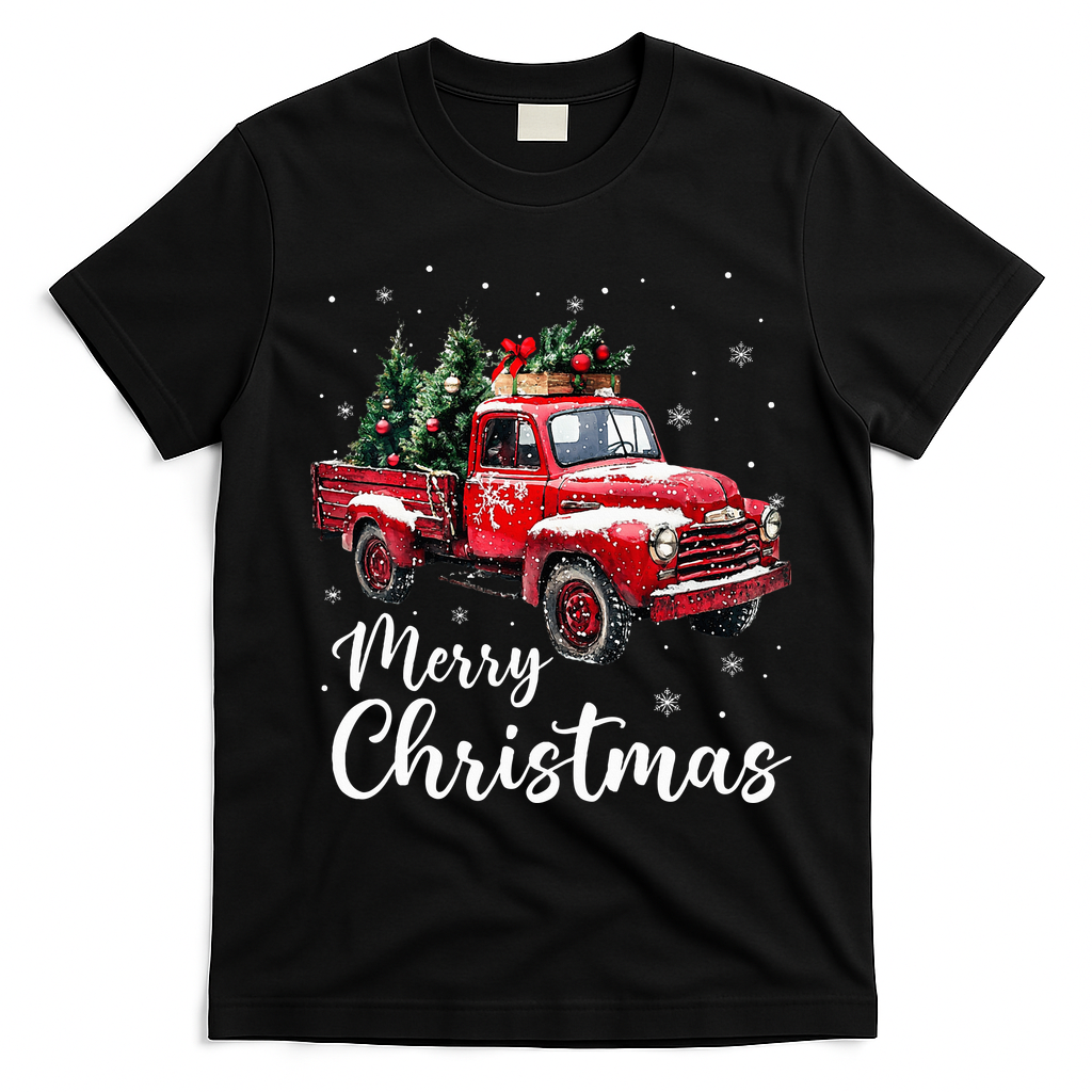 Merry Christmas Red Truck Family Matching Christmas Pajama T-Shirt - Black