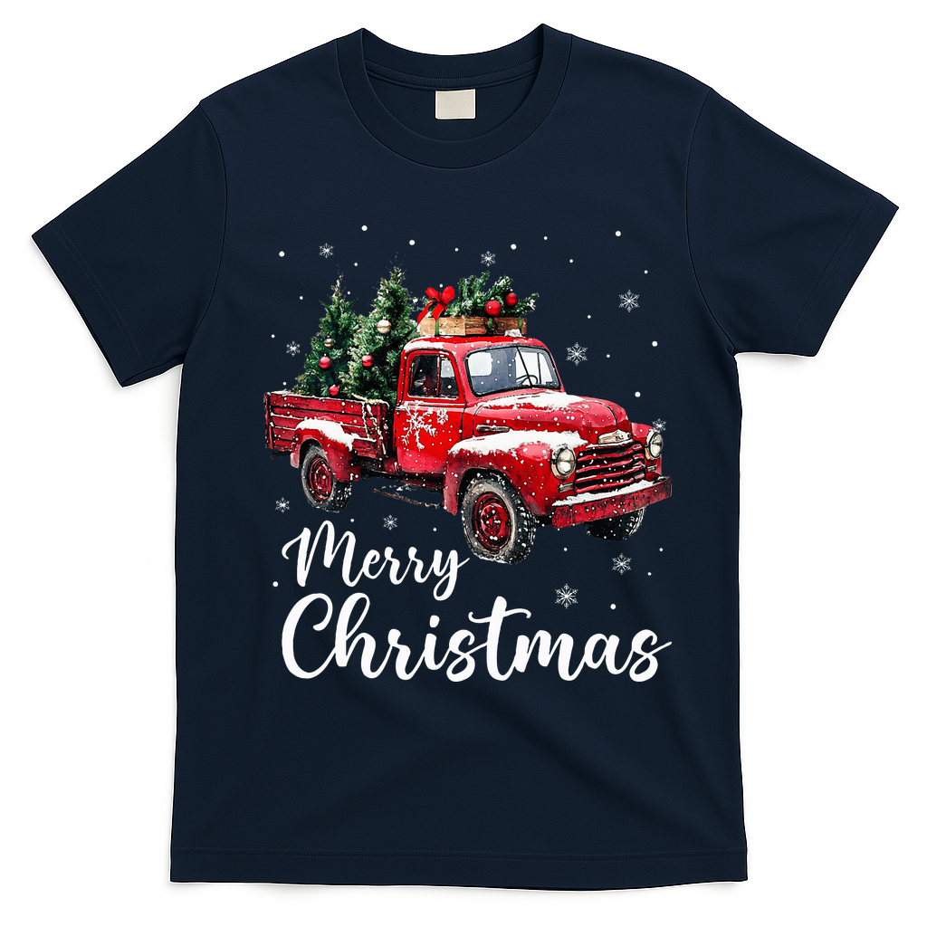 Merry Christmas Red Truck Family Matching Christmas Pajama T-Shirt - Navy Blue