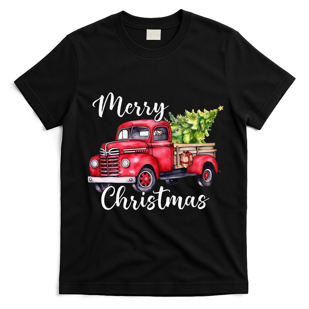 Merry Christmas Red Truck T-Shirt - Black