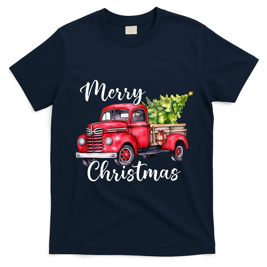 Merry Christmas Red Truck T-Shirt - Navy Blue