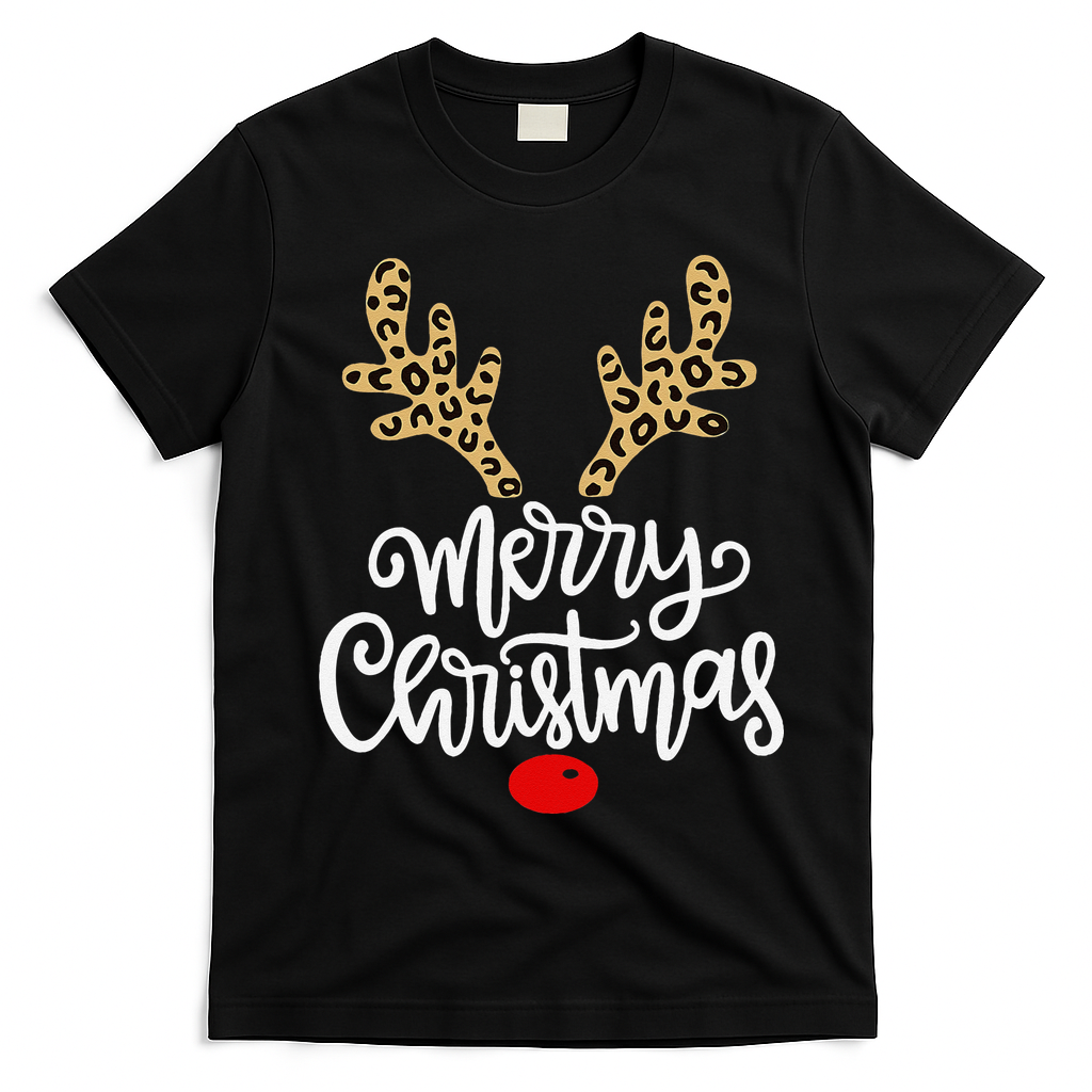 Merry Christmas Reindeer Red Nose Xmas Family Matching T-Shirt - Black