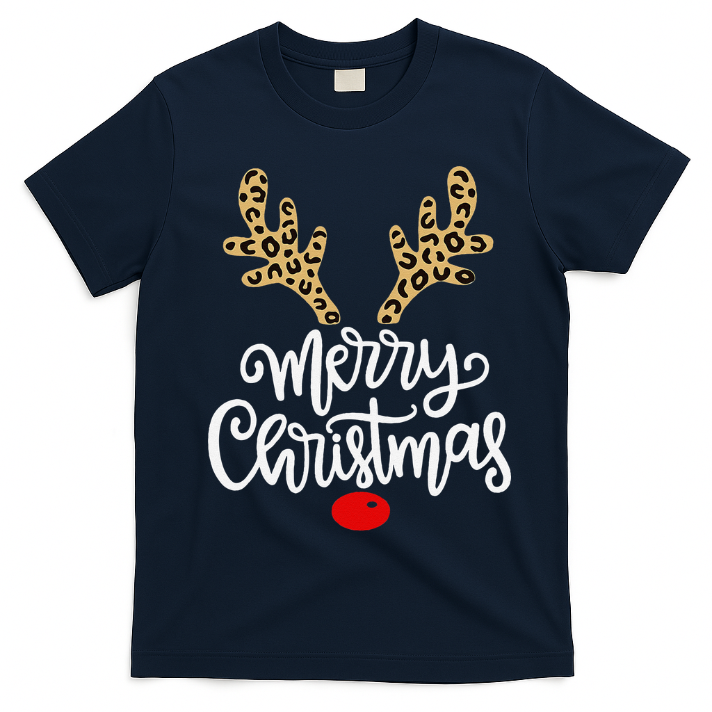 Merry Christmas Reindeer Red Nose Xmas Family Matching T-Shirt - Navy Blue