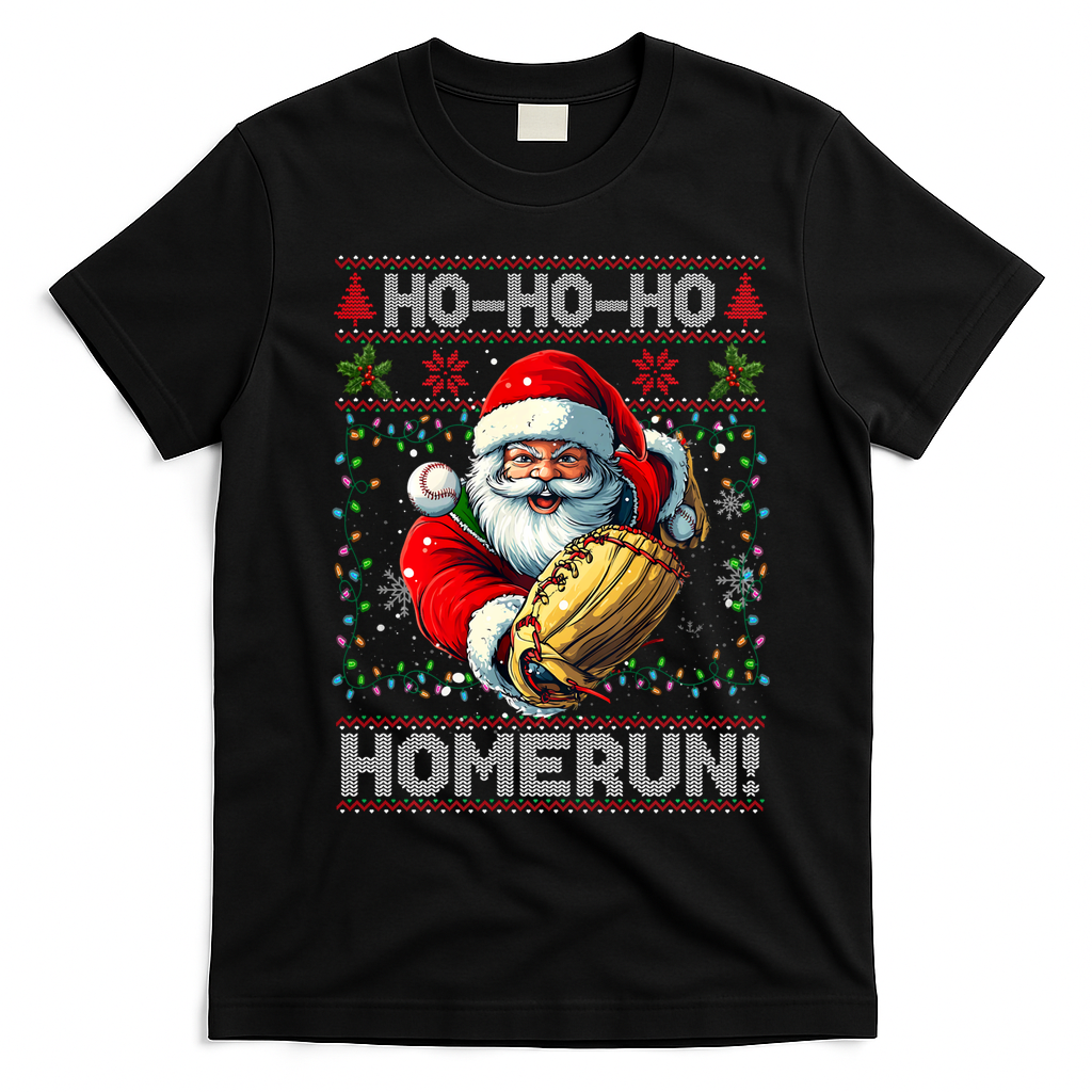 Merry Christmas Santa Playing Baseball For Ballplayers T-Shirt - Black