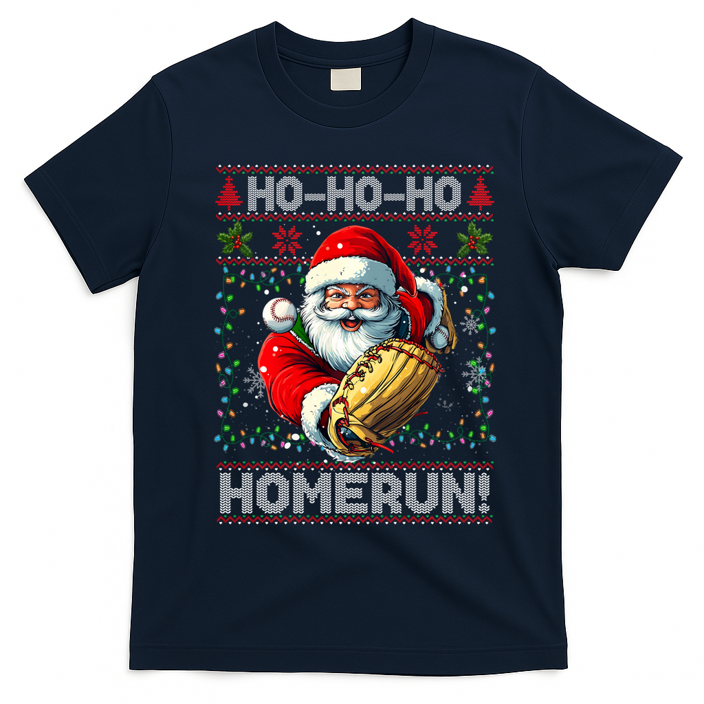 Merry Christmas Santa Playing Baseball For Ballplayers T-Shirt - Navy Blue