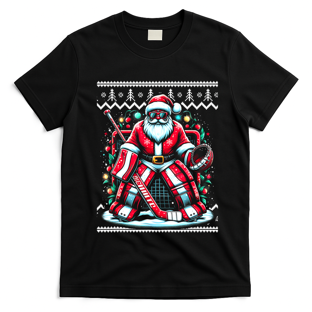 Merry Christmas Santa Hockey Goalie Ugly Christmas Sweater T-Shirt - Black