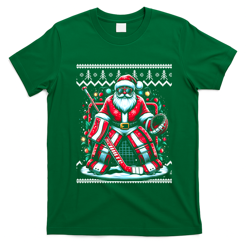 Merry Christmas Santa Hockey Goalie Ugly Christmas Sweater T-Shirt - Irish Green