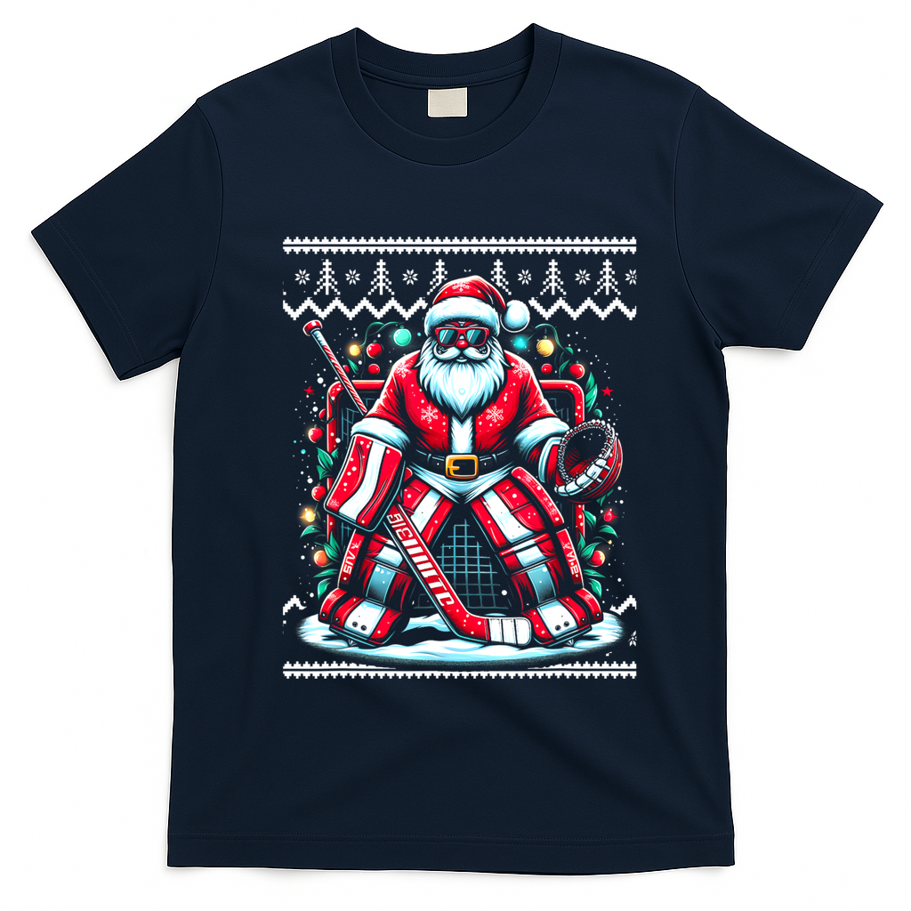 Merry Christmas Santa Hockey Goalie Ugly Christmas Sweater T-Shirt - Navy Blue