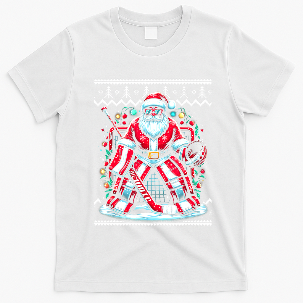 Merry Christmas Santa Hockey Goalie Ugly Christmas Sweater T-Shirt - White