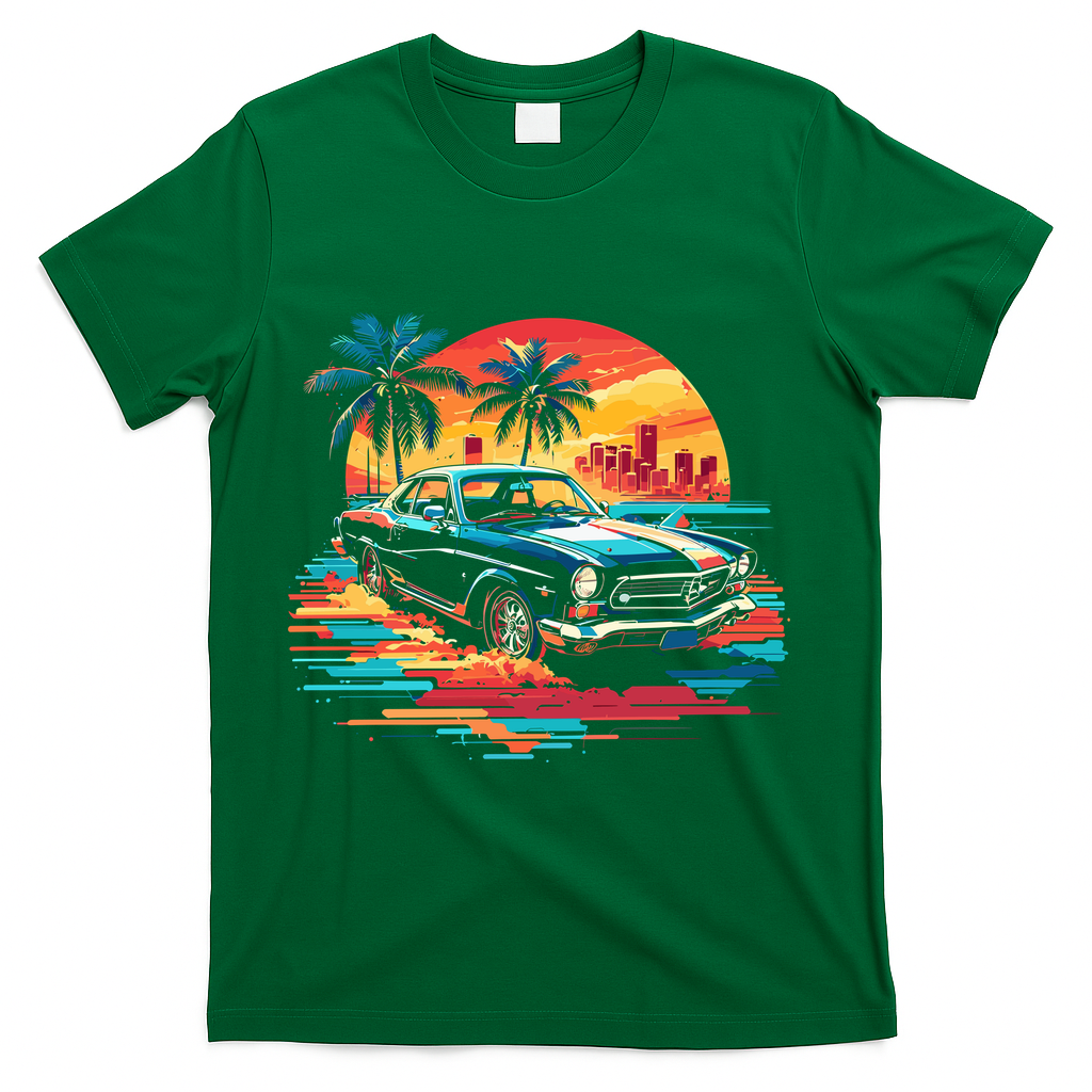 Miami Car Str Sunset Cool Graphic Design T-Shirt - Green