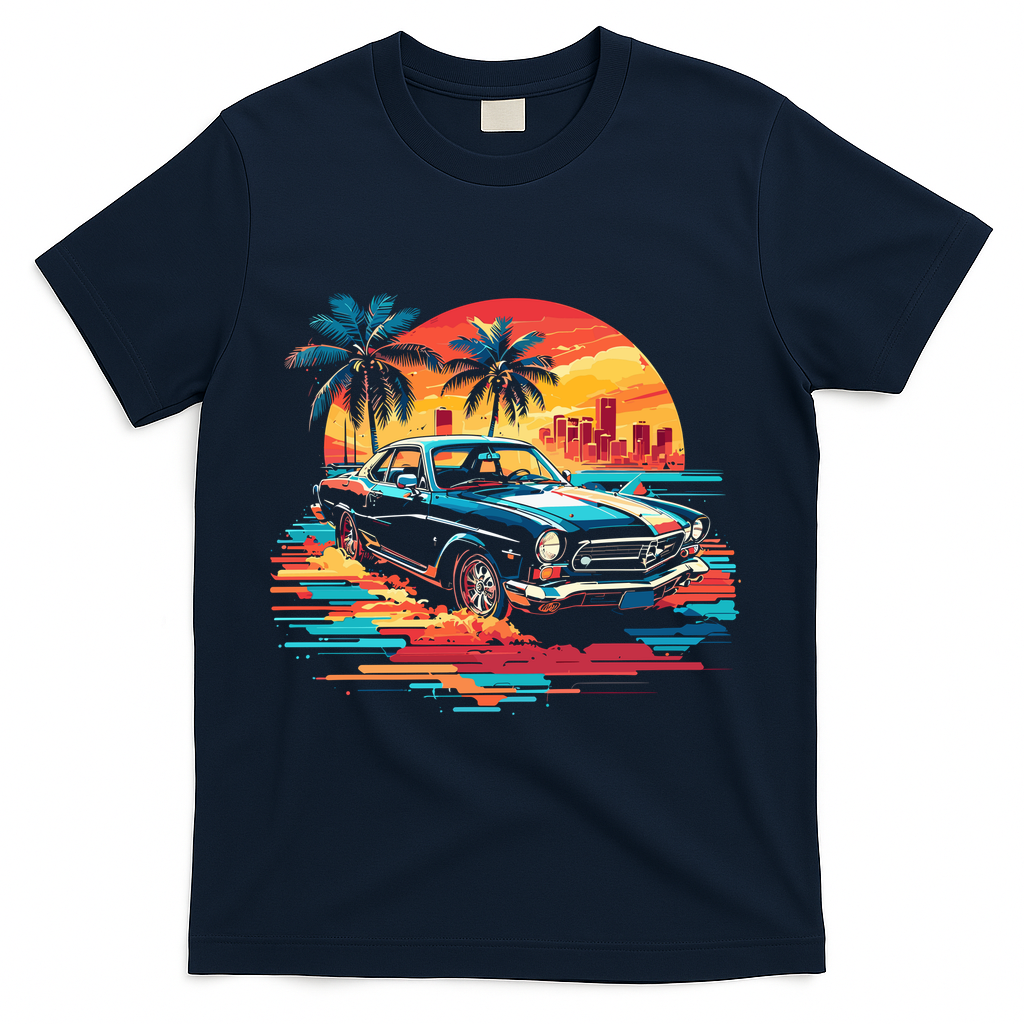 Miami Car Str Sunset Cool Graphic Design T-Shirt - Navy