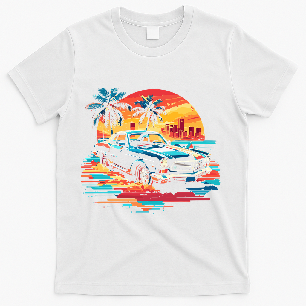 Miami Car Str Sunset Cool Graphic Design T-Shirt - White