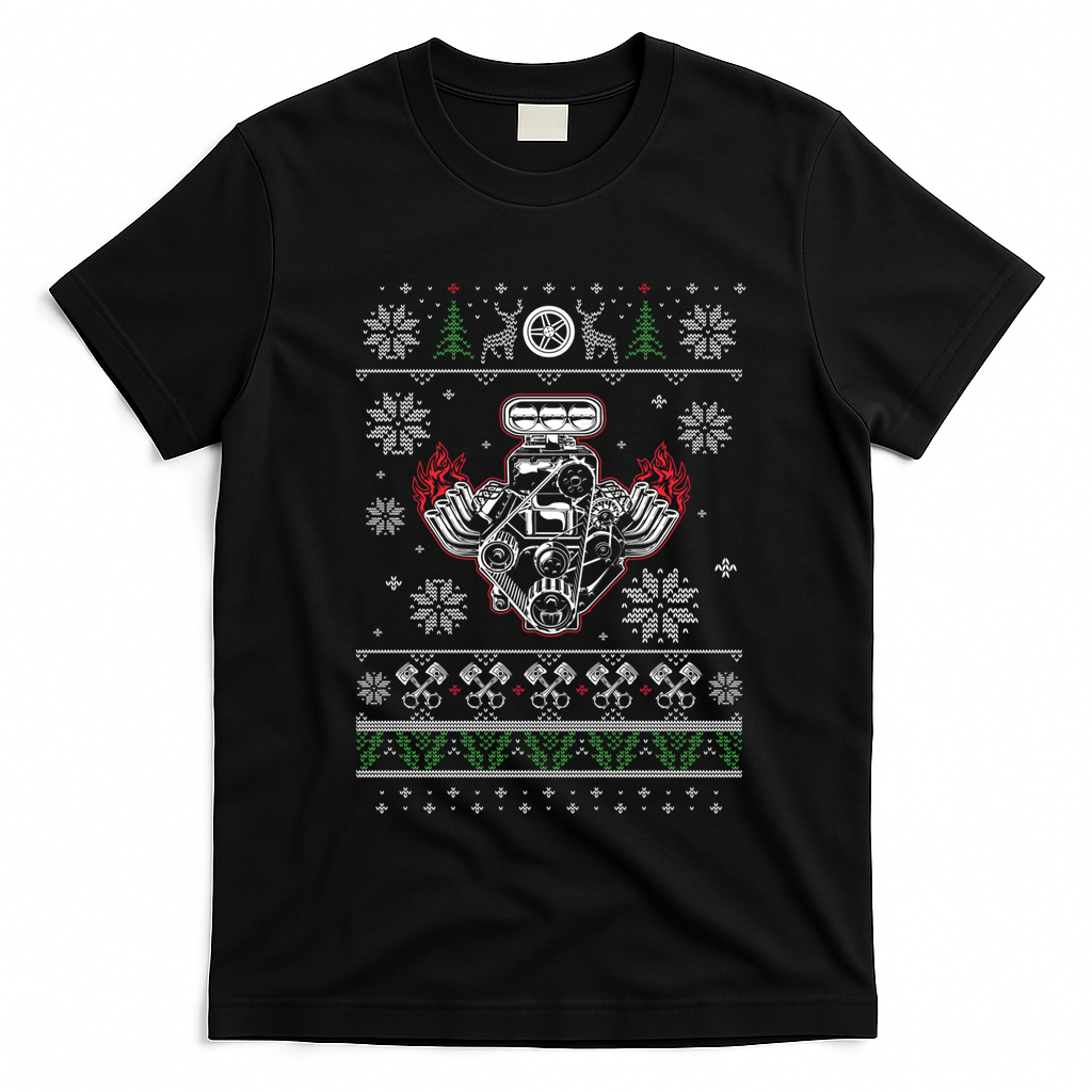 Muscle Car V8 Engine Lovers Ugly Christmas Ugly Design Gift T-Shirt - Black