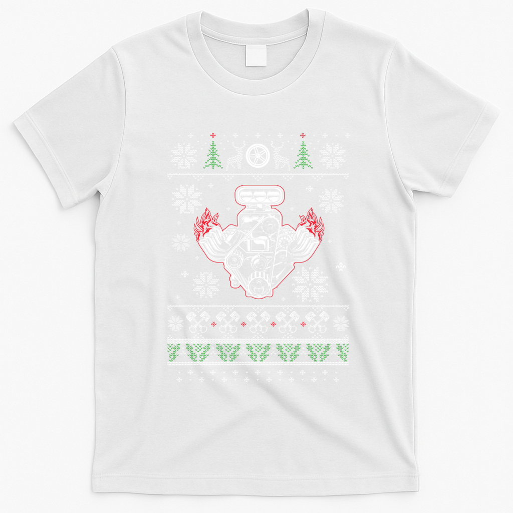 Muscle Car V8 Engine Lovers Ugly Christmas Ugly Design Gift T-Shirt - White