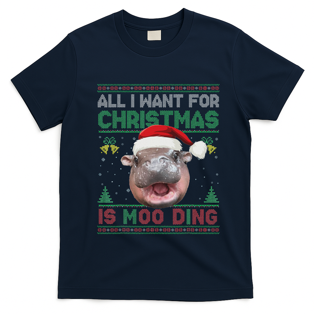 Moo Deng Christmas All I Want For Christmas Is Moo Deng T-Shirt - Navy Blue
