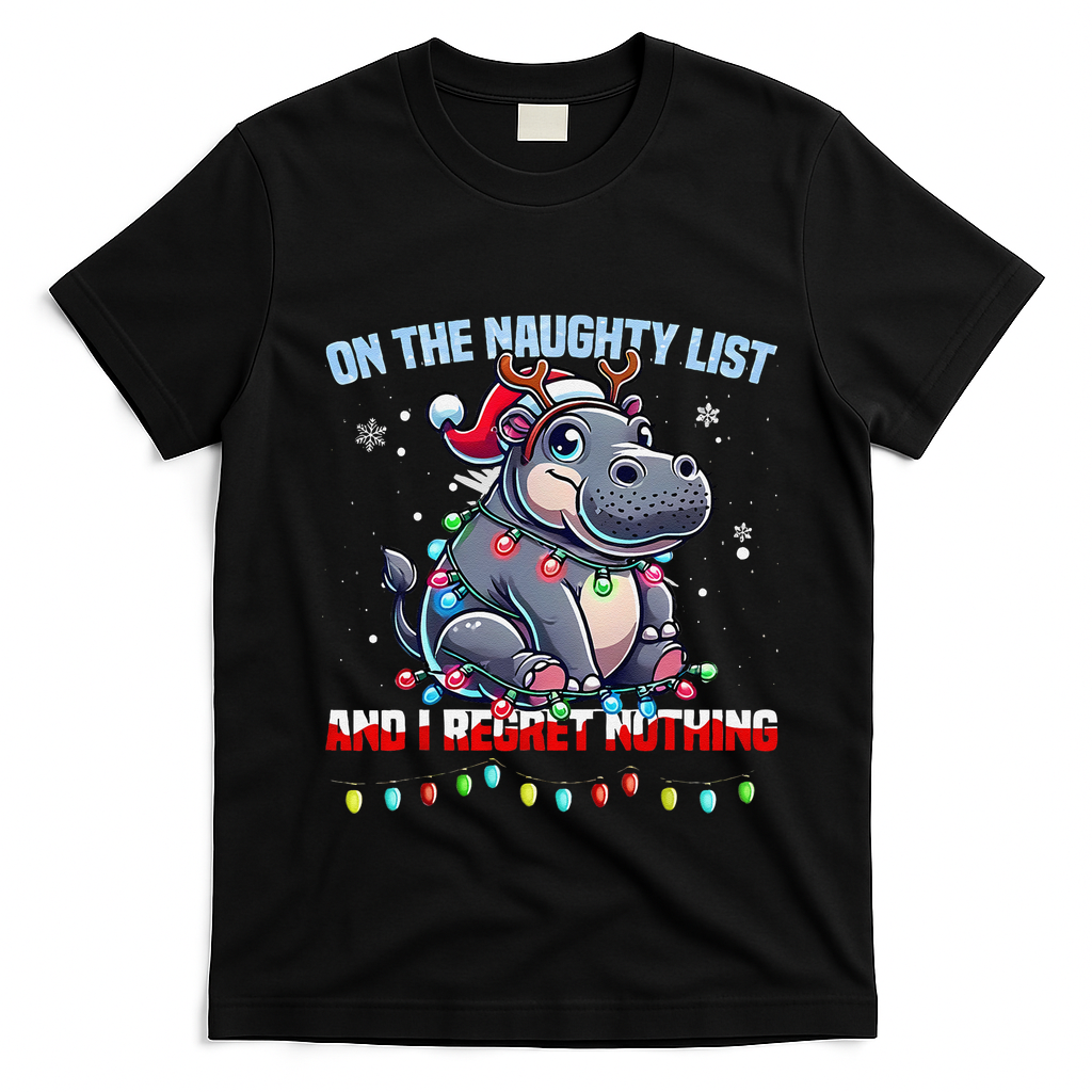 Moo Deng On The List Of Naughty And I Regret Nothing Xmas T-Shirt - Black