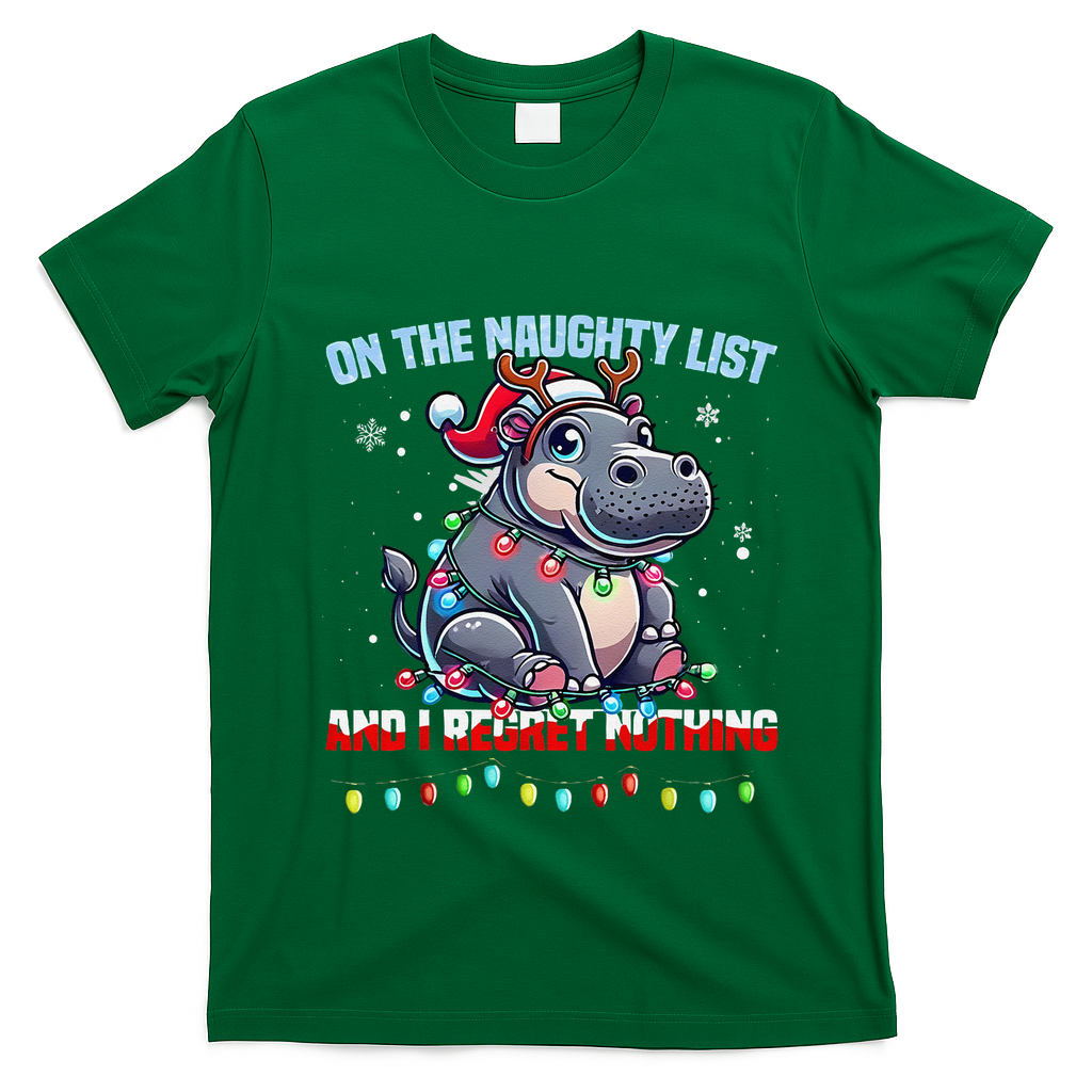 Moo Deng On The List Of Naughty And I Regret Nothing Xmas T-Shirt - Irish Green