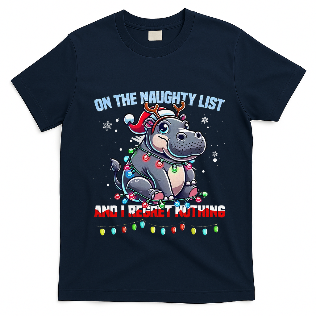Moo Deng On The List Of Naughty And I Regret Nothing Xmas T-Shirt - Navy Blue