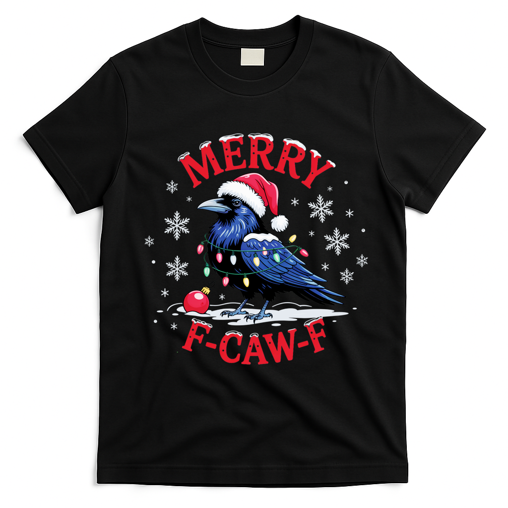 Merry F-Caw-F Crow Funny Christmas X-Mas T-Shirt - Black