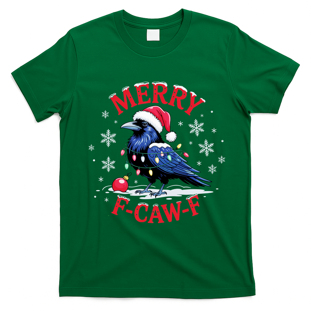 Merry F-Caw-F Crow Funny Christmas X-Mas T-Shirt - Irish Green