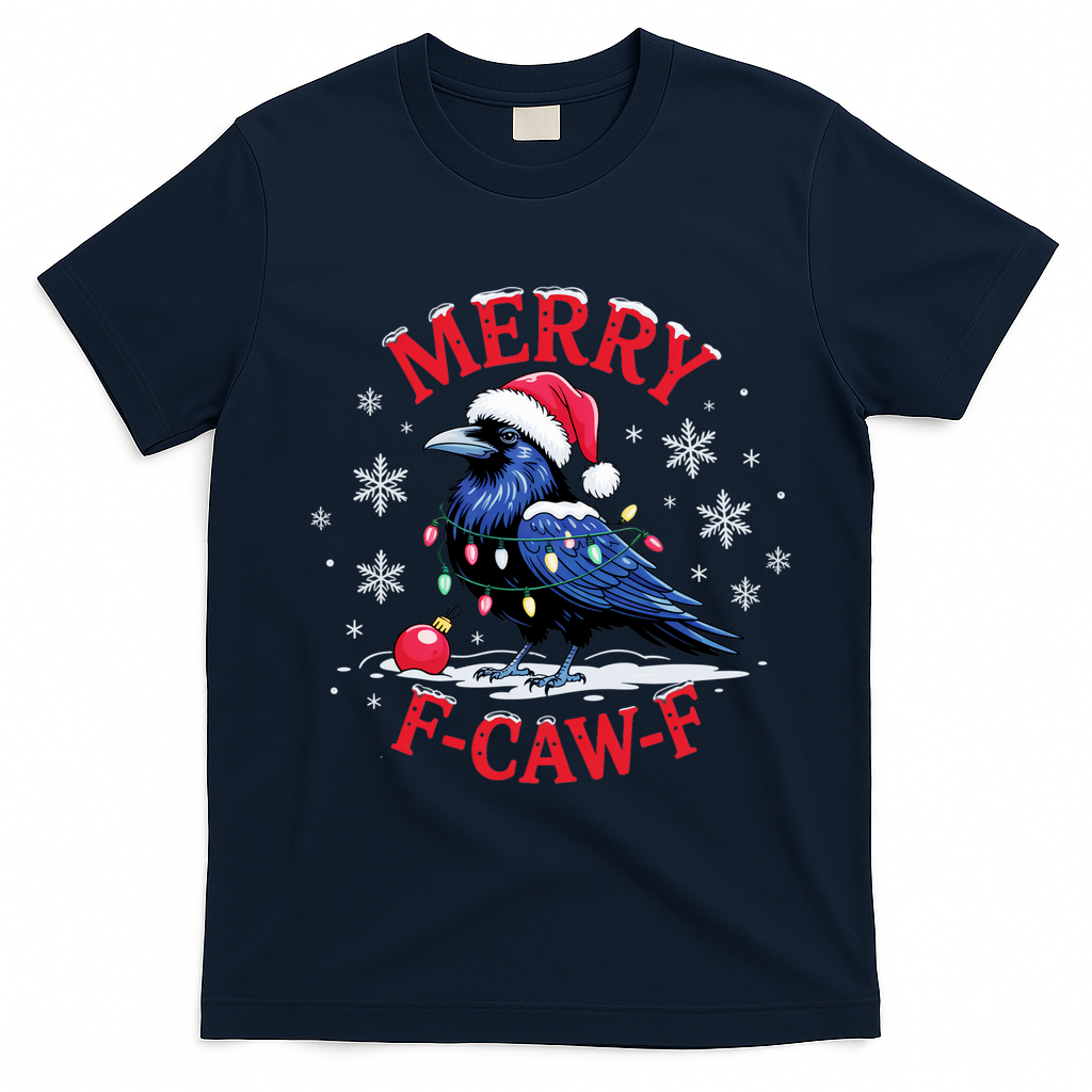 Merry F-Caw-F Crow Funny Christmas X-Mas T-Shirt - Navy Blue