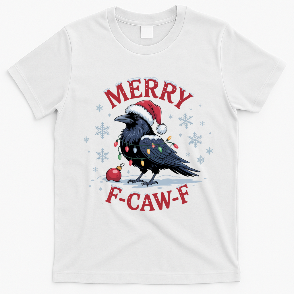 Merry F-Caw-F Crow Funny Christmas X-Mas T-Shirt - White