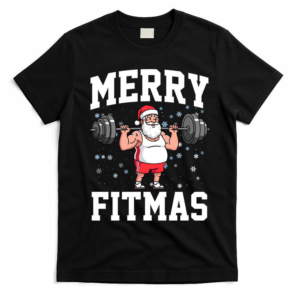 Merry Fitmas Funny Santa Claus T-Shirt - Black