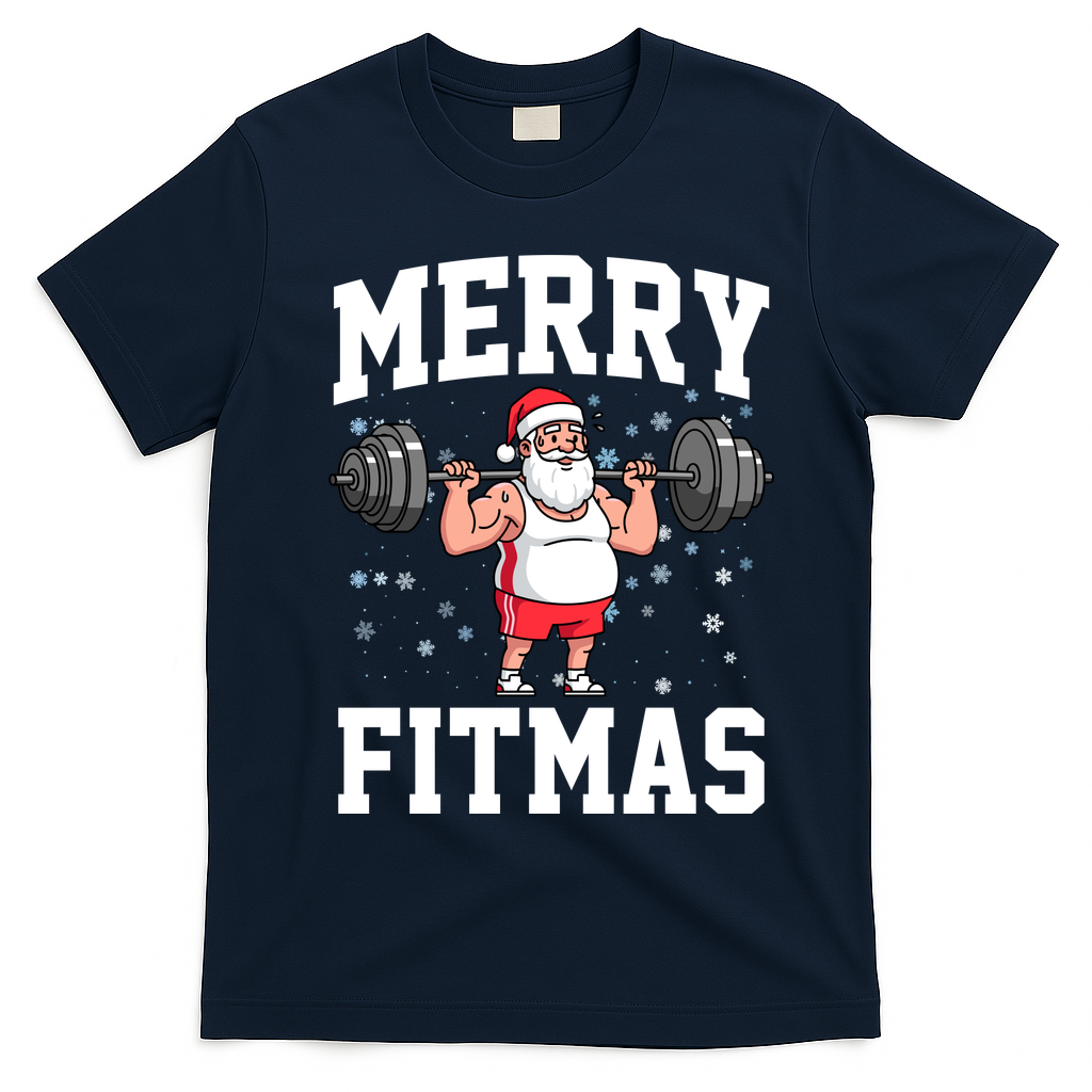 Merry Fitmas Funny Santa Claus T-Shirt - Navy Blue