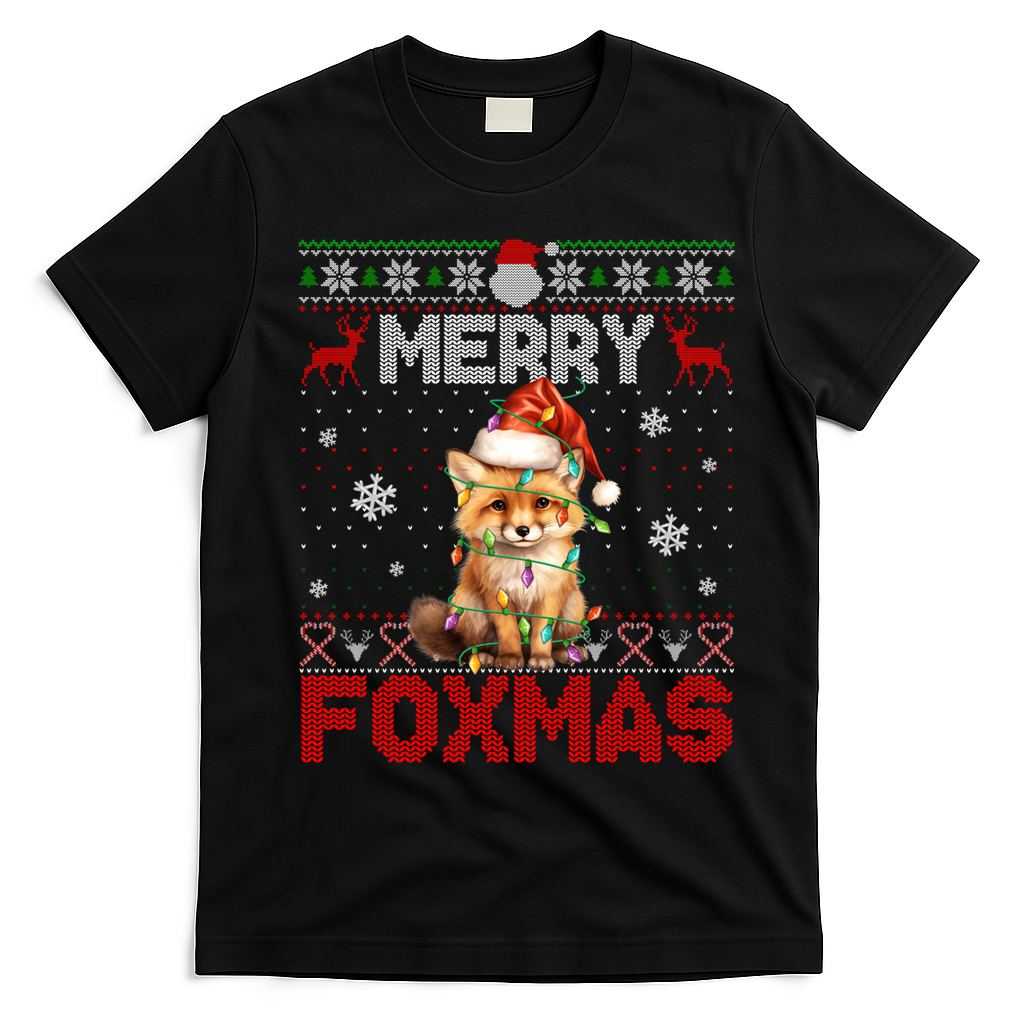 Merry Foxmas Santa Fox Lights Fox Lovers Ugly Xmas Gift T-Shirt - Black