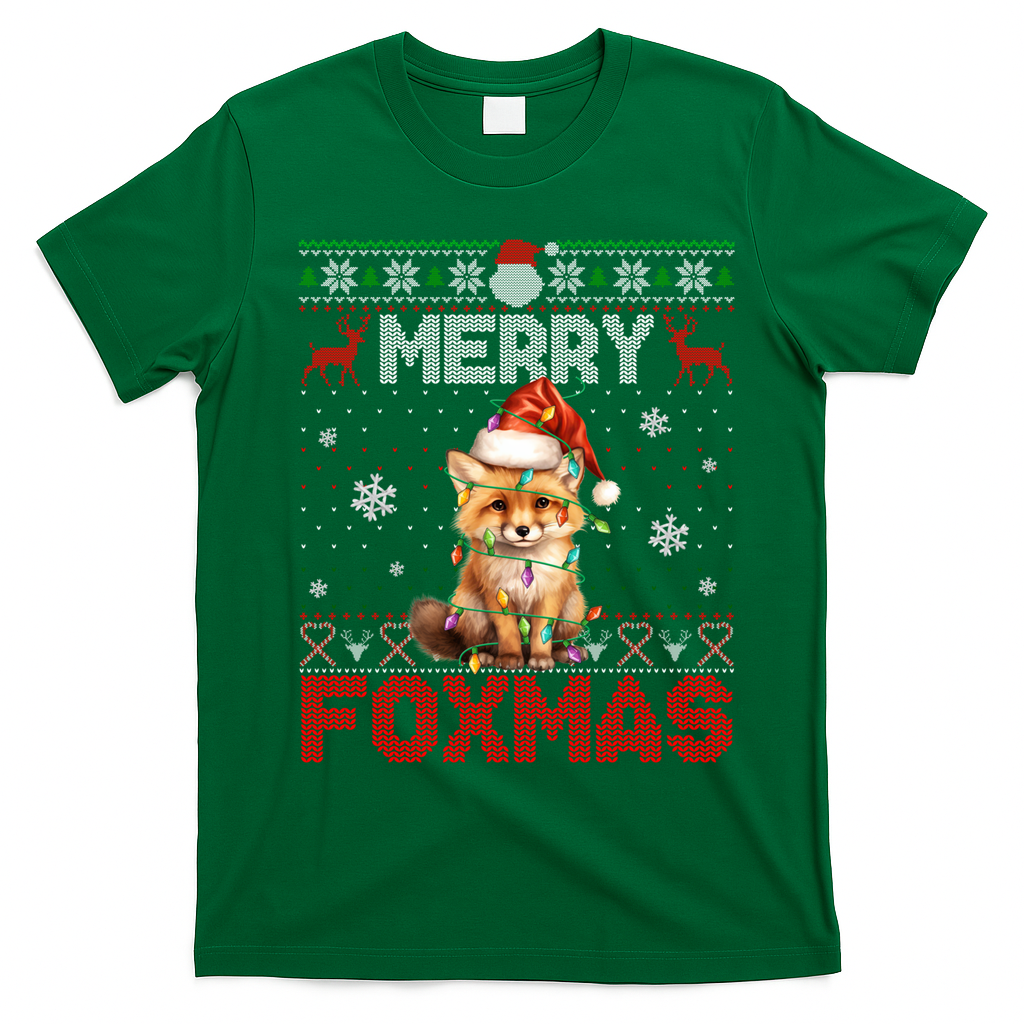 Merry Foxmas Santa Fox Lights Fox Lovers Ugly Xmas Gift T-Shirt - Irish Green