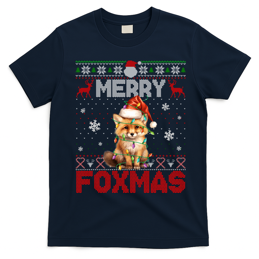 Merry Foxmas Santa Fox Lights Fox Lovers Ugly Xmas Gift T-Shirt - Navy Blue