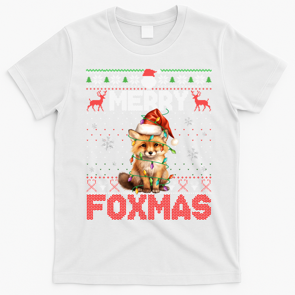 Merry Foxmas Santa Fox Lights Fox Lovers Ugly Xmas Gift T-Shirt - White