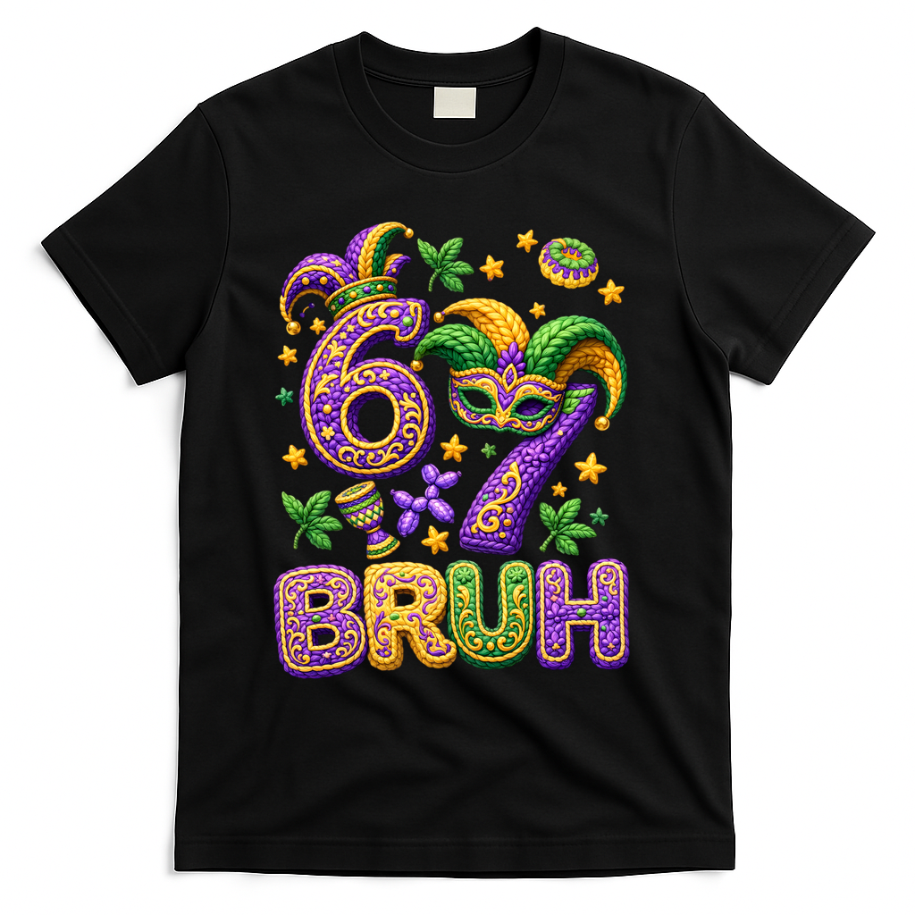 Mardi Gras 67 Bruh Funny 6-7 Meme T-Shirt - Black