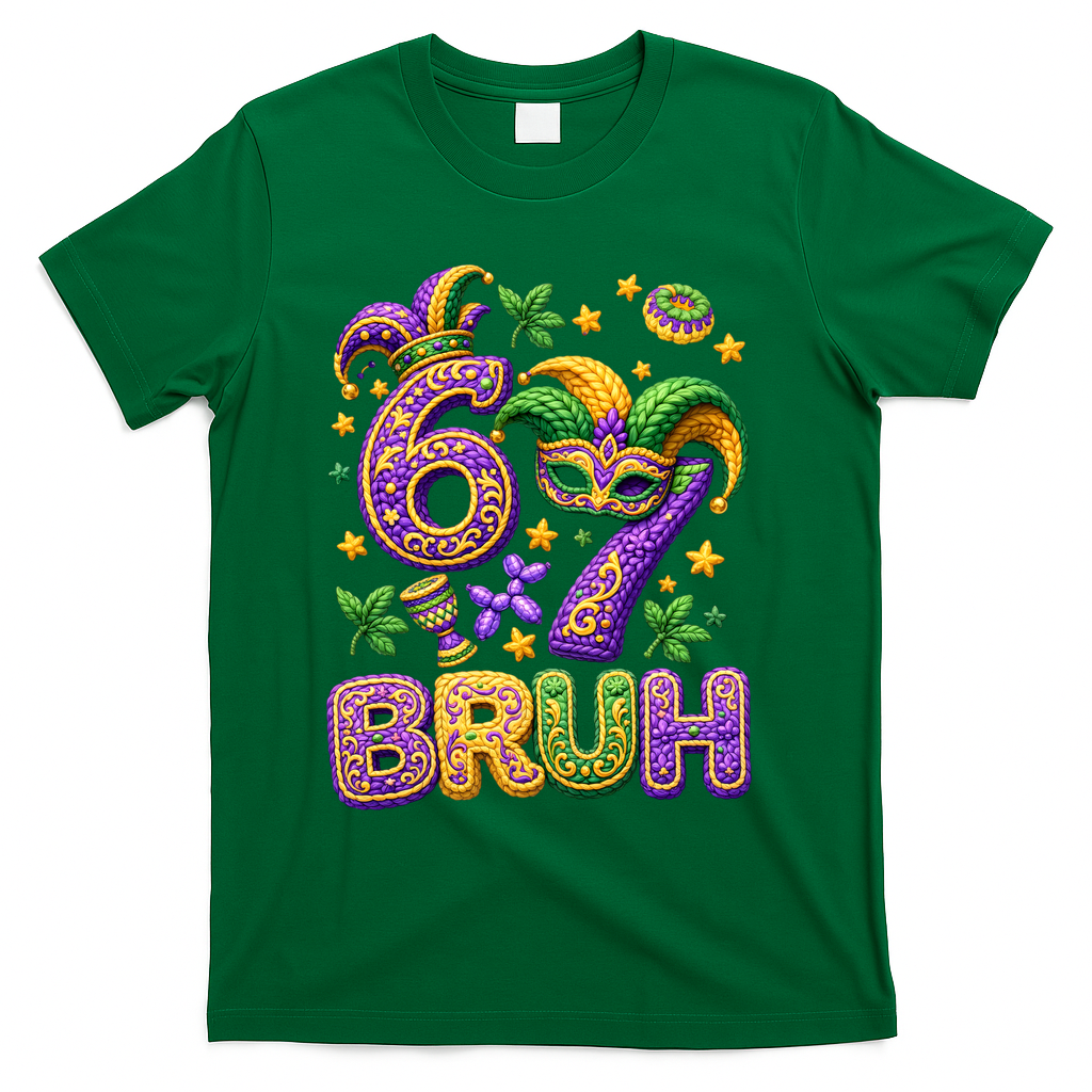 Mardi Gras 67 Bruh Funny 6-7 Meme T-Shirt - Green