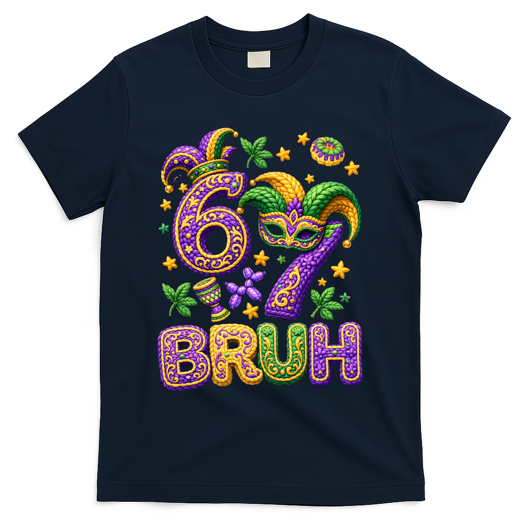 Mardi Gras 67 Bruh Funny 6-7 Meme T-Shirt - Navy