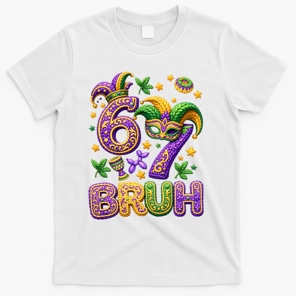 Mardi Gras 67 Bruh Funny 6-7 Meme T-Shirt - White