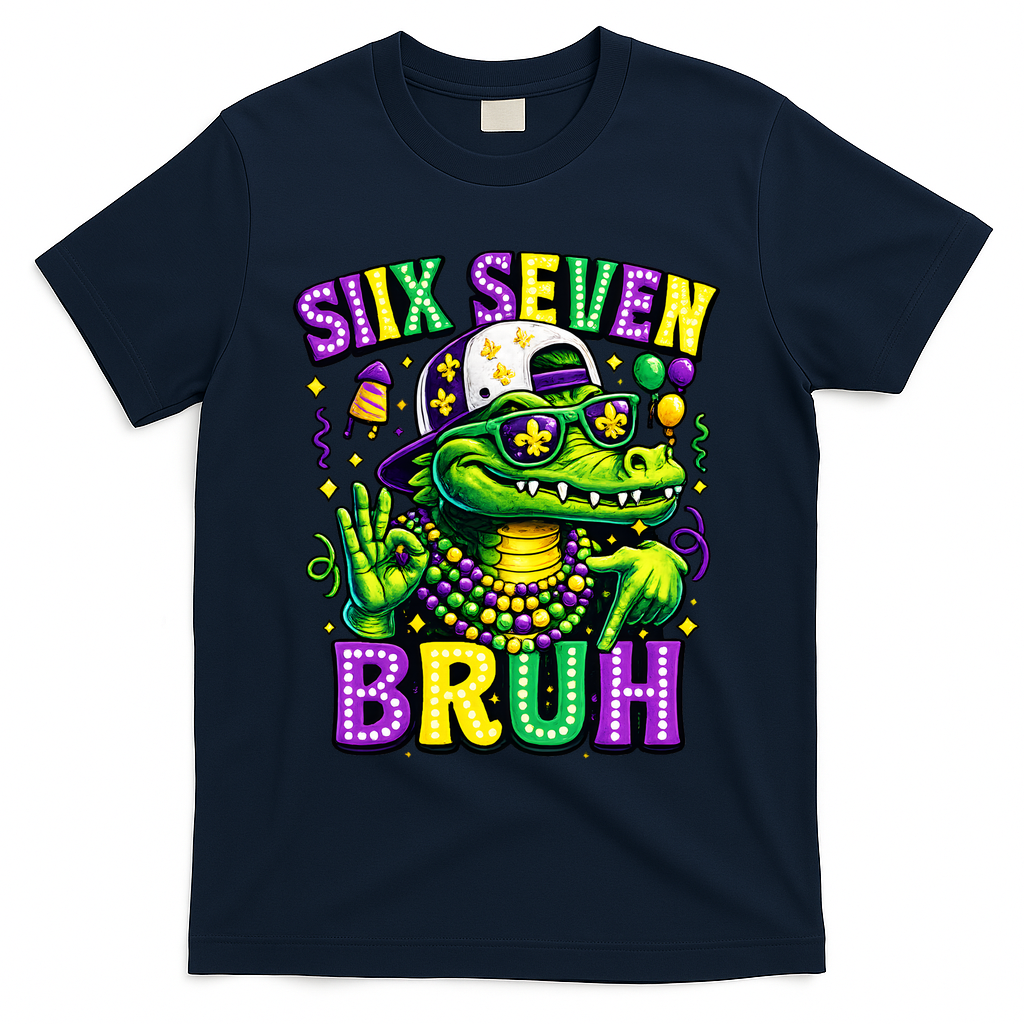 Mardi Gras 67 Six Seven Bruh Mardigator Alligator 6-7 T-Shirt - Navy