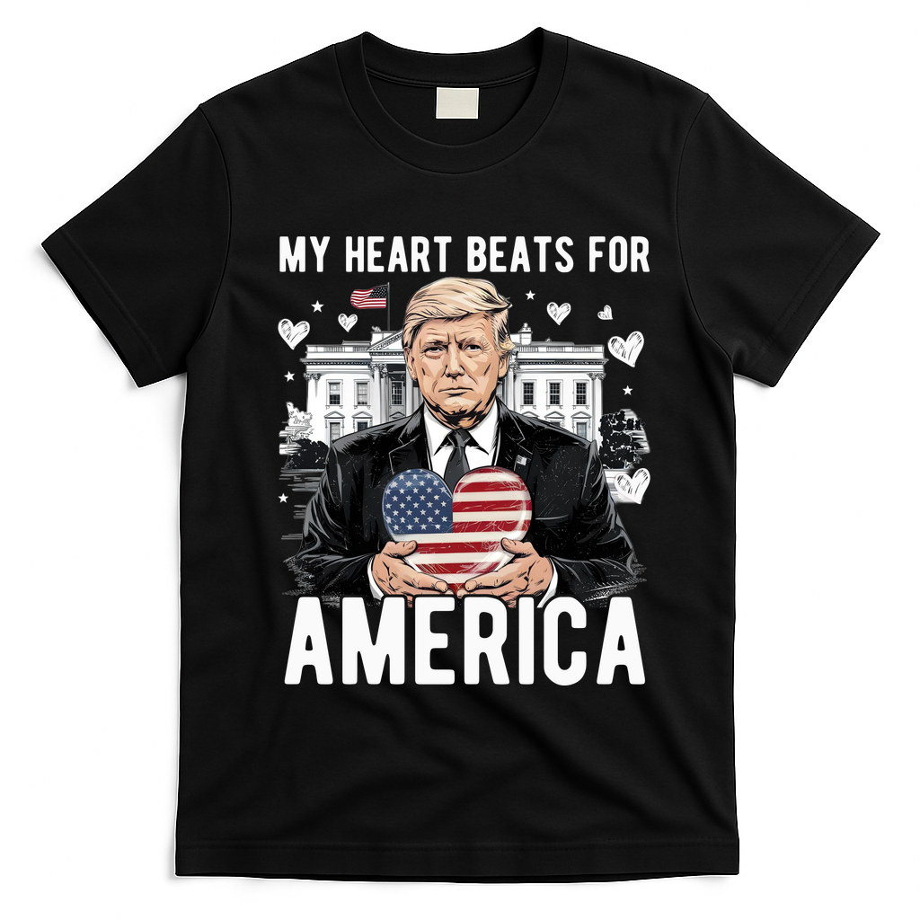 My Heart Beats For America Trump Valentines Day T-Shirt - Black