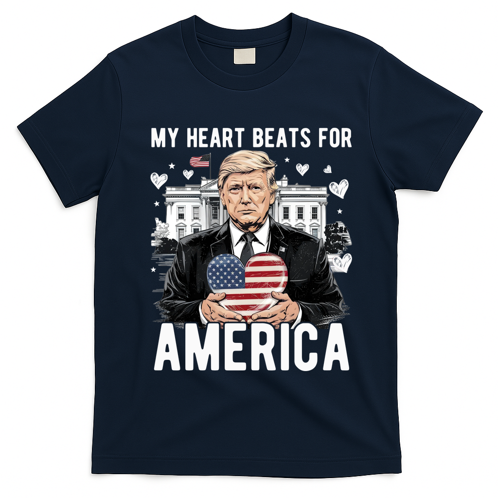 My Heart Beats For America Trump Valentines Day T-Shirt - Navy Blue