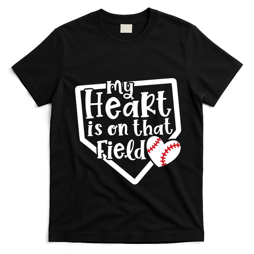 My Heart Is On That Field Baseball Mom Cute Funny Gift T-Shirt - Black