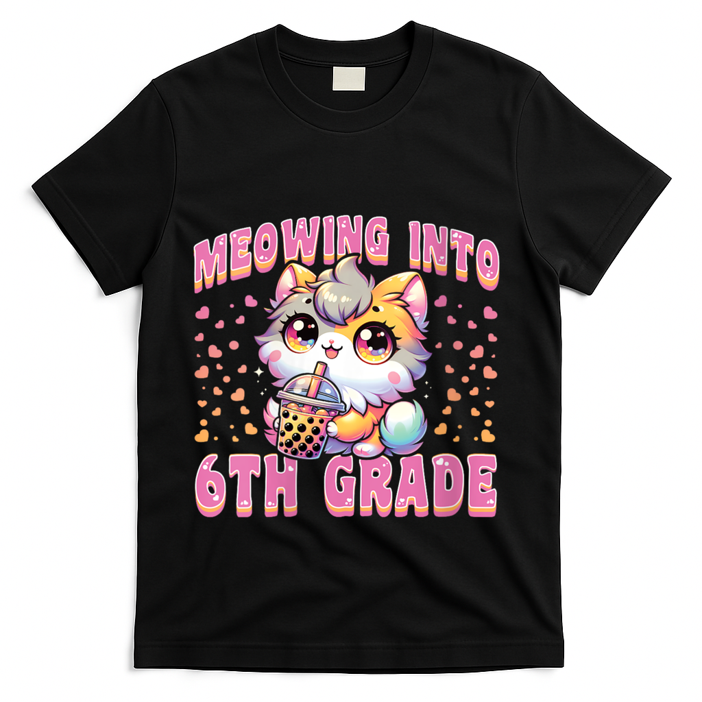 Meowing Into 6th Grade Girl Back To School Gift T-Shirt - Black