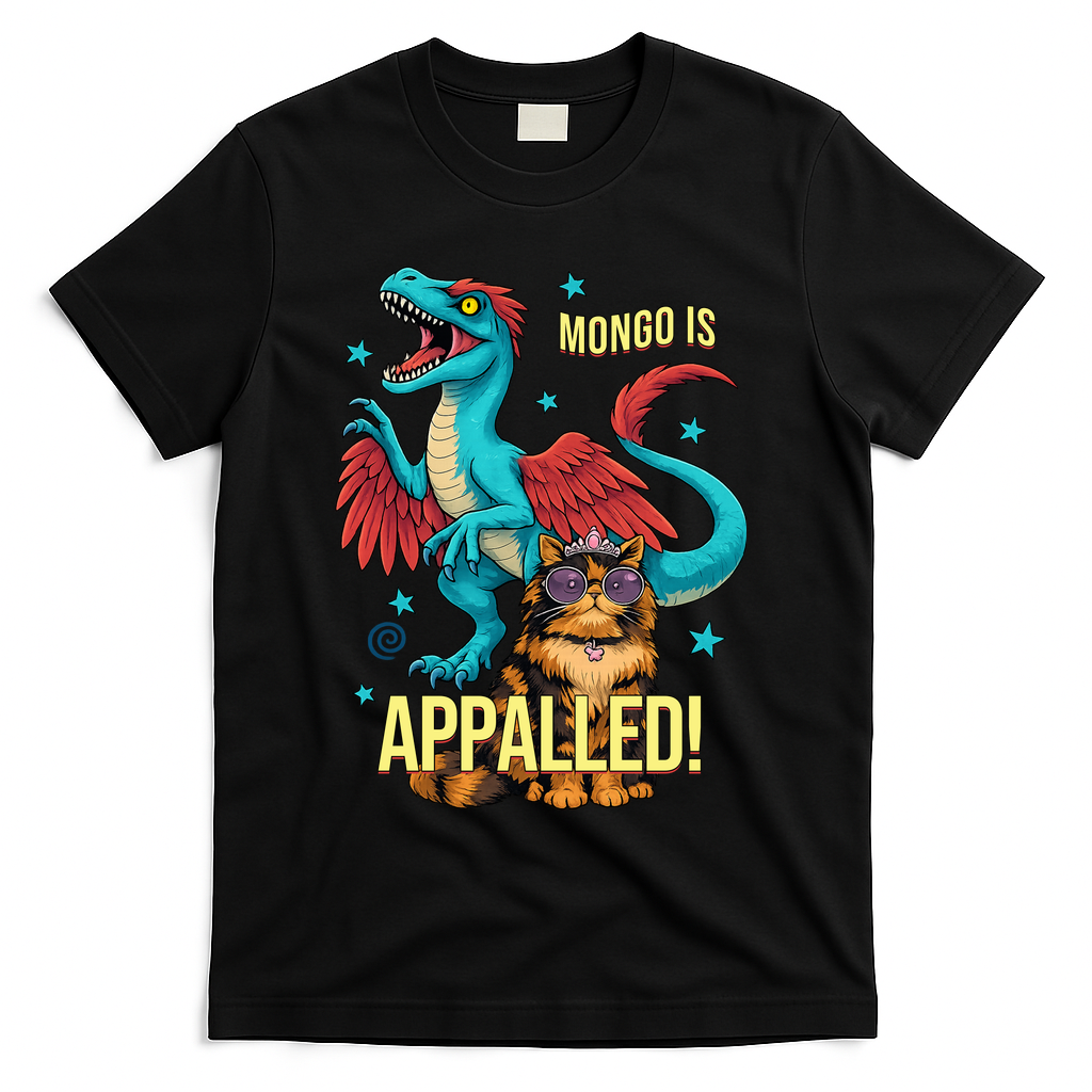 Mongo Is Appalled Princess Cat Riding Dinosaur T-Shirt - Black